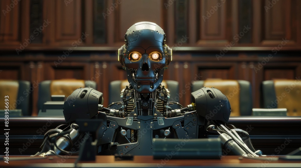 Fototapete A robot is sitting at a desk in a room with a skull on its head. The robot is wearing a suit and he is in a courtroom setting