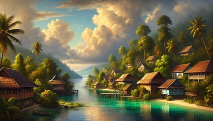Atmospheric landscape of a small village in indonesia by the caribbean sea, oil painting illustration
