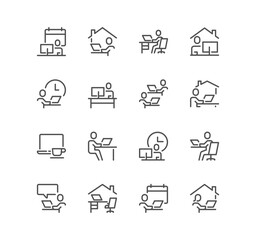 Set of work place related icons, working, remote work, video conference, coworkin, freelancer, home office and linear variety vectors.	
