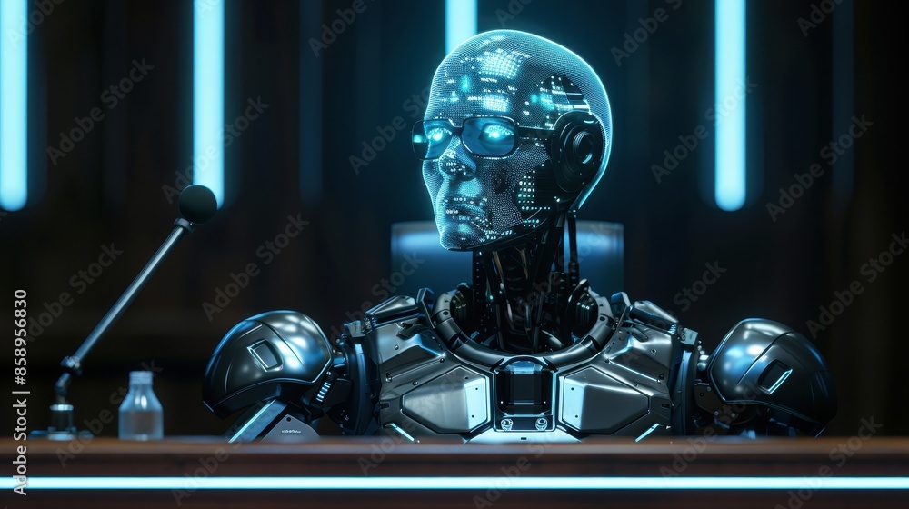 Poster a robot is sitting at a desk in front of a microphone. the robot has a serious expression on its fac