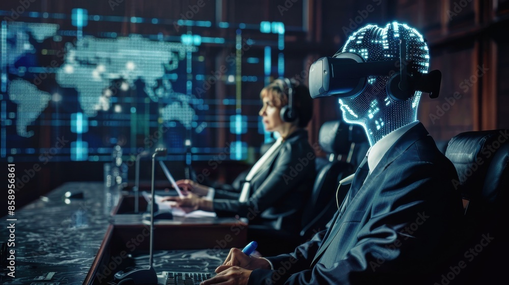 Fototapete a man in a suit is wearing a virtual reality headset and sitting at a desk. a woman is sitting behin