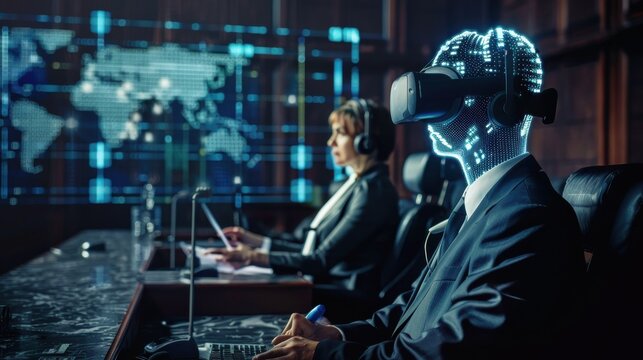 A man in a suit is wearing a virtual reality headset and sitting at a desk. A woman is sitting behind him. The scene is set in a boardroom with a large screen displaying a map