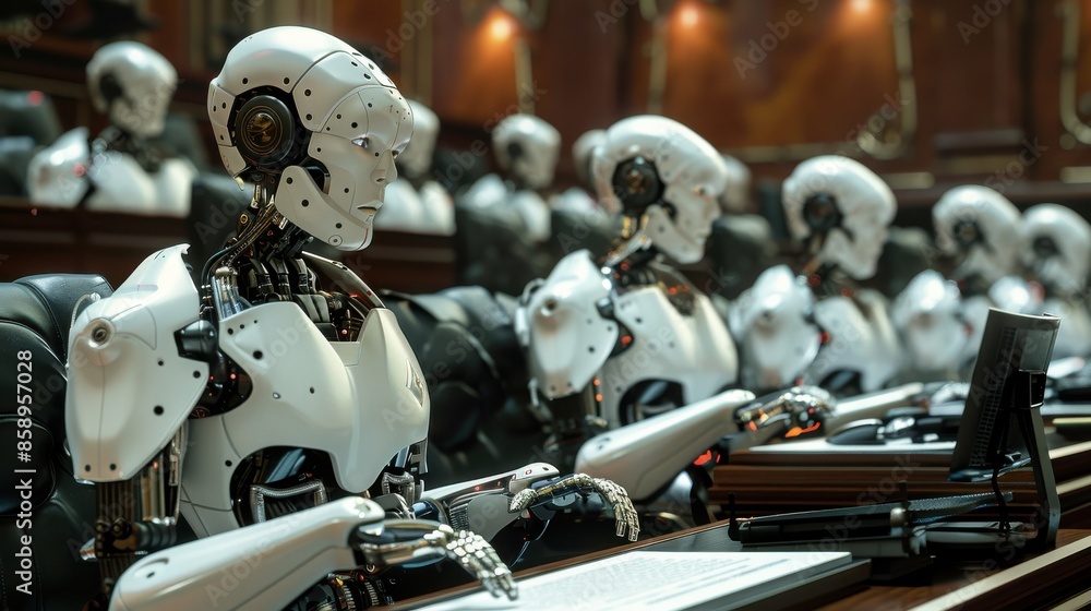 Poster a group of robots are sitting at a desk with a laptop. the robots are all white and have a robotic a