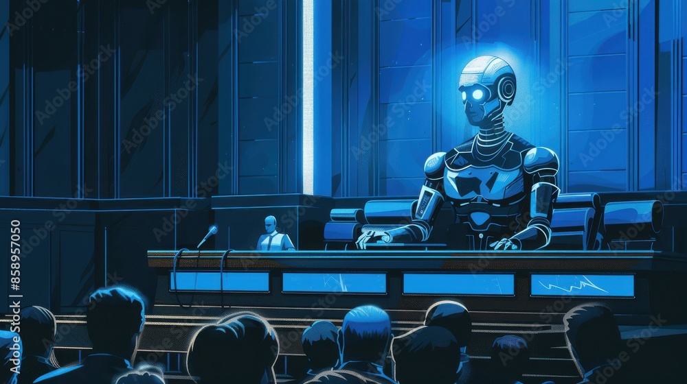 Poster A robot is sitting at a desk in front of a crowd of people. The robot is wearing a blue suit and has a blue face