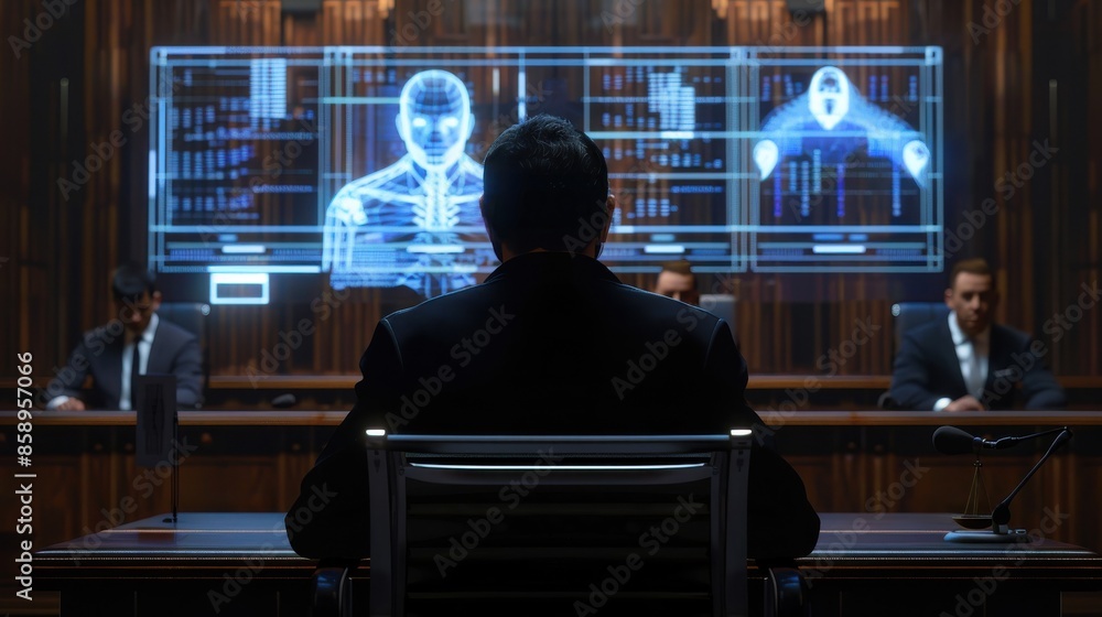 Poster a man sits at a desk in front of a computer monitor. the monitor displays a man's skeleton. the man 