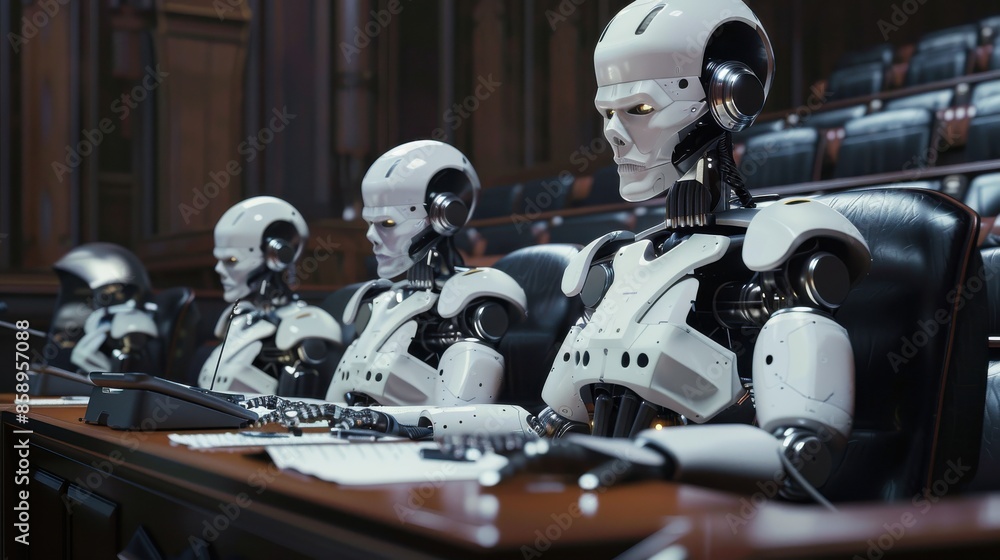 Poster a group of robots are sitting at a table in a courtroom. the robots are all white and have a stern e