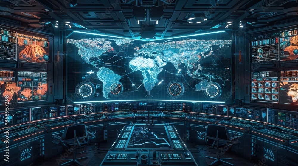 Poster a computer monitor displays a map of the world with a blue border. the room is filled with computer 