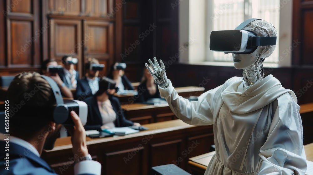 Aufkleber a robot is standing in front of a group of people wearing virtual reality goggles. the robot is poin