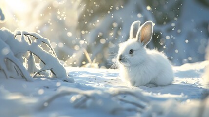 white funny fluffy rabbit in the snow.  © Berkah
