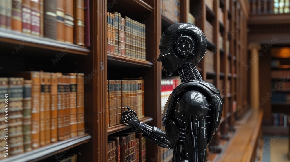 Aufkleber A robot is standing in a library, reaching for a book. The robot is black and has a human-like face. The library is filled with books, and the robot appears to be searching for a specific book