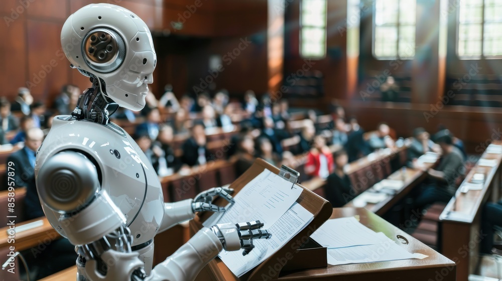 Leinwandbilder A robot is standing in front of a crowd of people, reading from a book. The robot is white and has a robotic appearance. The crowd of people are seated in rows, with some standing in the back