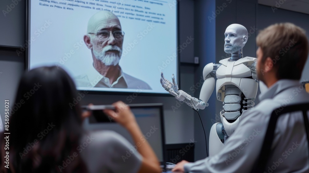 Aufkleber A robot is standing in front of a group of people, one of whom is holding a pen. Concept of technology and innovation