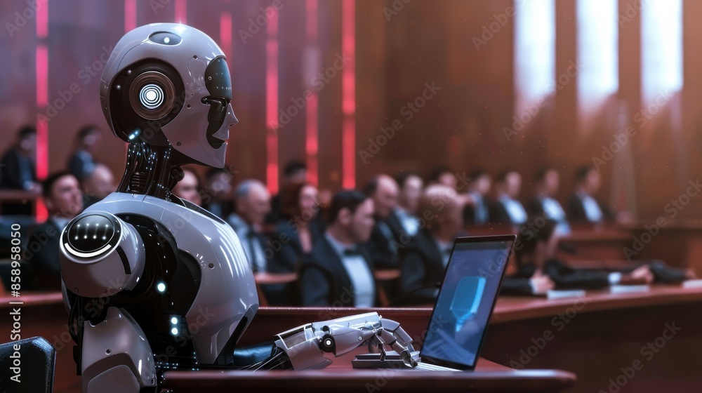 Aufkleber a robot is sitting at a desk in front of a laptop. the robot is wearing a suit and he is working. th