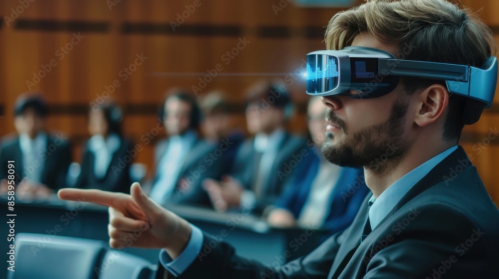Leinwandbilder a man in a suit is pointing to something in a virtual reality headset. the scene is set in a confere