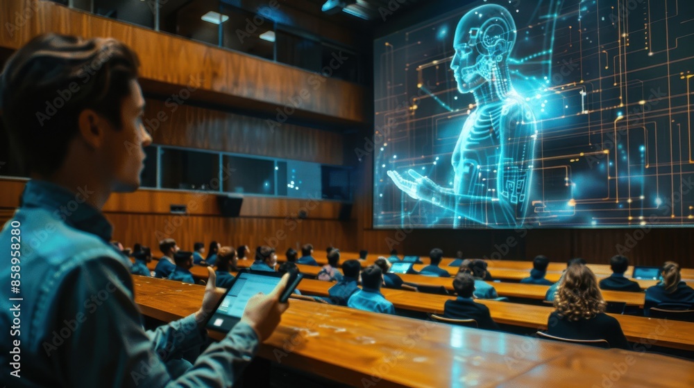 Poster a man is looking at a screen with a man's face on it. the man is holding a tablet in his hand. the i