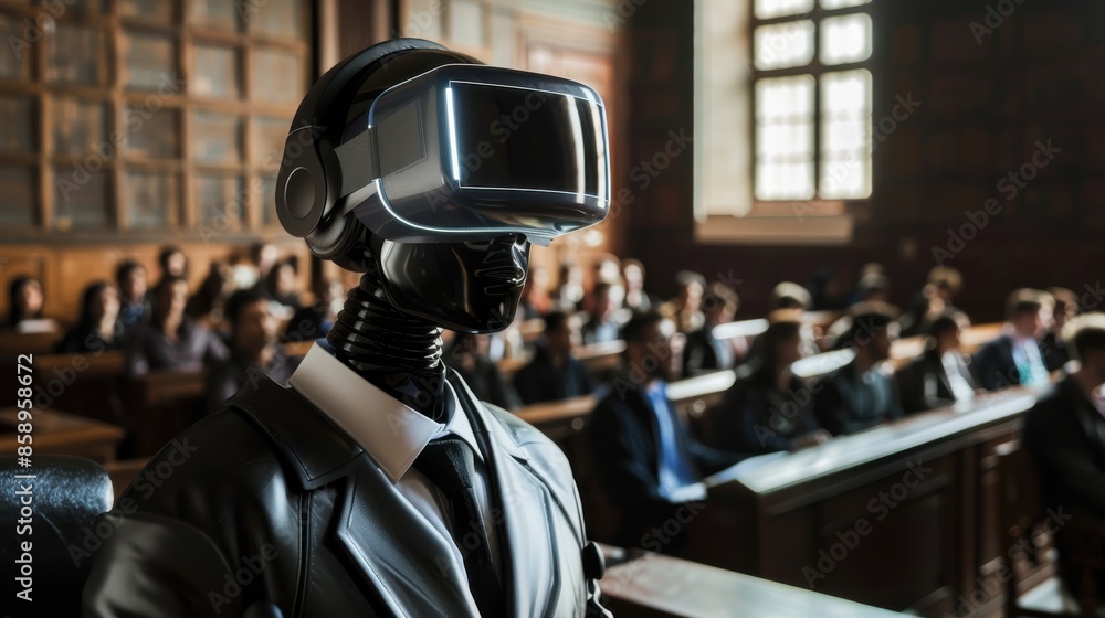 Poster A robot wearing a suit and tie stands in front of a crowd of people. The robot is wearing a virtual reality headset, which suggests that it is a futuristic robot