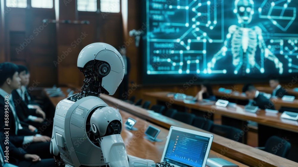 Poster a robot is sitting at a desk in front of a computer screen. the robot is wearing a white helmet and 