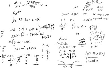 Set of mathematical formulas and solutions to problems and equations. Homework of a student. Vector image of algebra and geometry tasks.	
