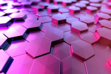 Abstract Background, 3D hexagonal grid in analogous colors of pink, purple, and magenta, with a glossy texture and subtle lighting effects