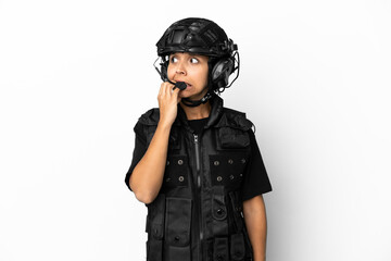 SWAT woman isolated on white background is a little bit nervous