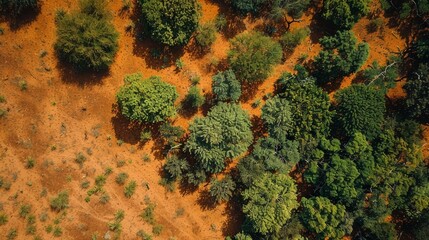 Aerial perspective of green foliage bordering a red desert, capturing the rich diversity of natural landscapes