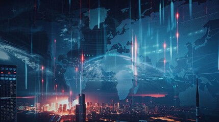 A cityscape with a globe in the middle and a lot of lines coming out of it. The globe is surrounded by a lot of lines and dots, giving the impression of a futuristic city