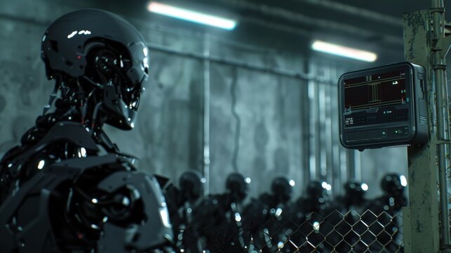 A robot is standing in front of a group of robots. The robot is looking at the camera