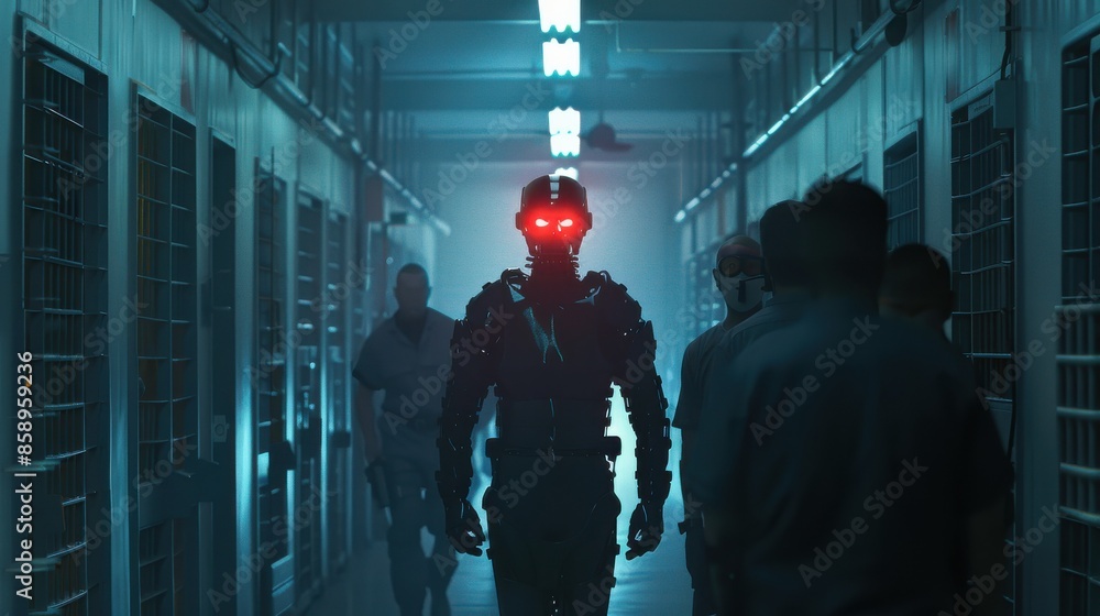 Poster a man in a black suit with red eyes stands in a hallway with other people. the scene is dark and omi