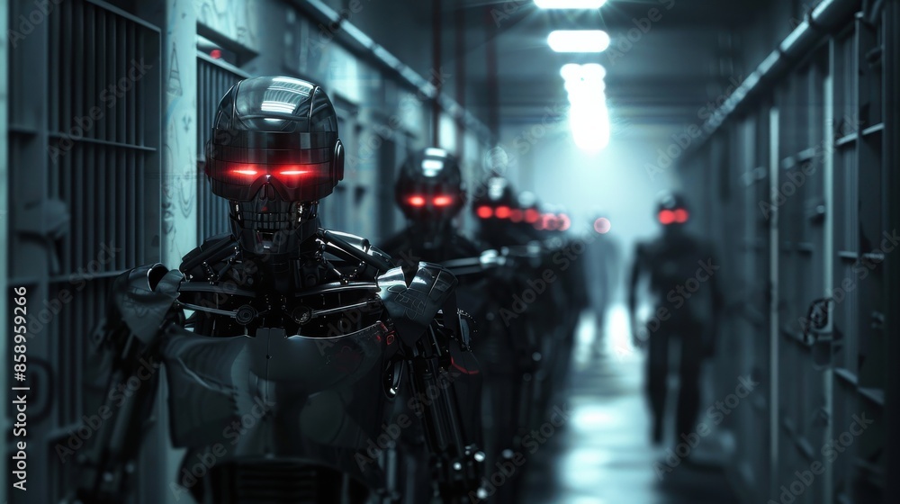 Poster a group of robots are walking down a hallway. the robots are all black and have red eyes. the hallwa
