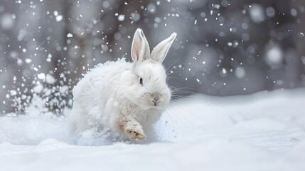 Fototapeta premium white funny fluffy rabbit in the snow. 