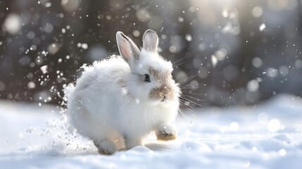 white funny fluffy rabbit in the snow. 