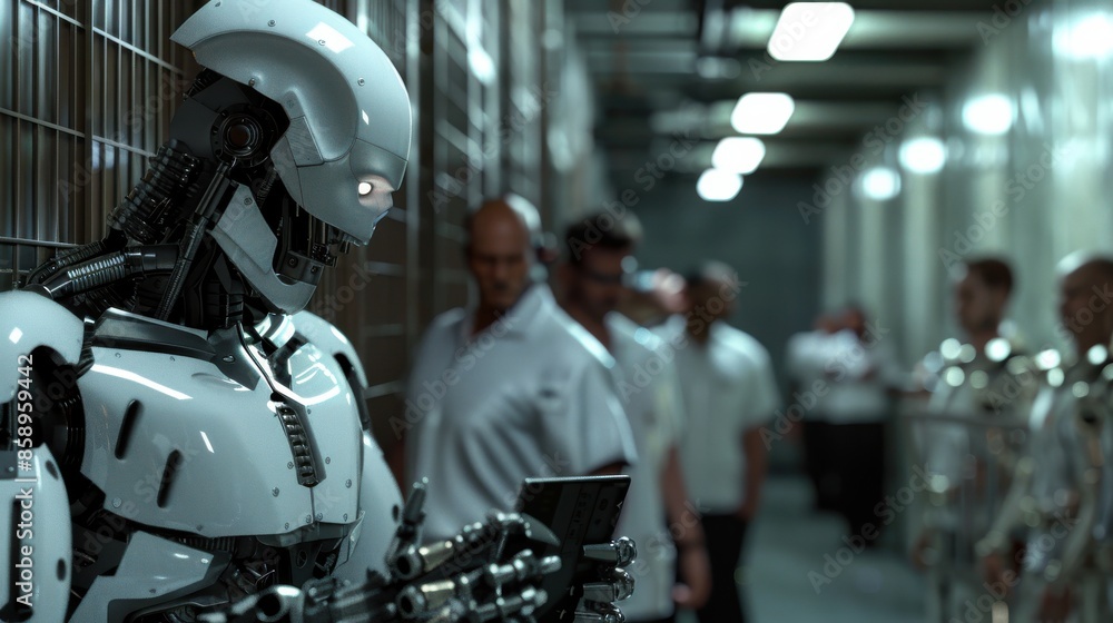 Leinwandbilder A robot is standing in a hallway with people around it. The robot is holding a tablet and he is looking at it. The scene is set in a futuristic environment, with the robot and people dressed in white