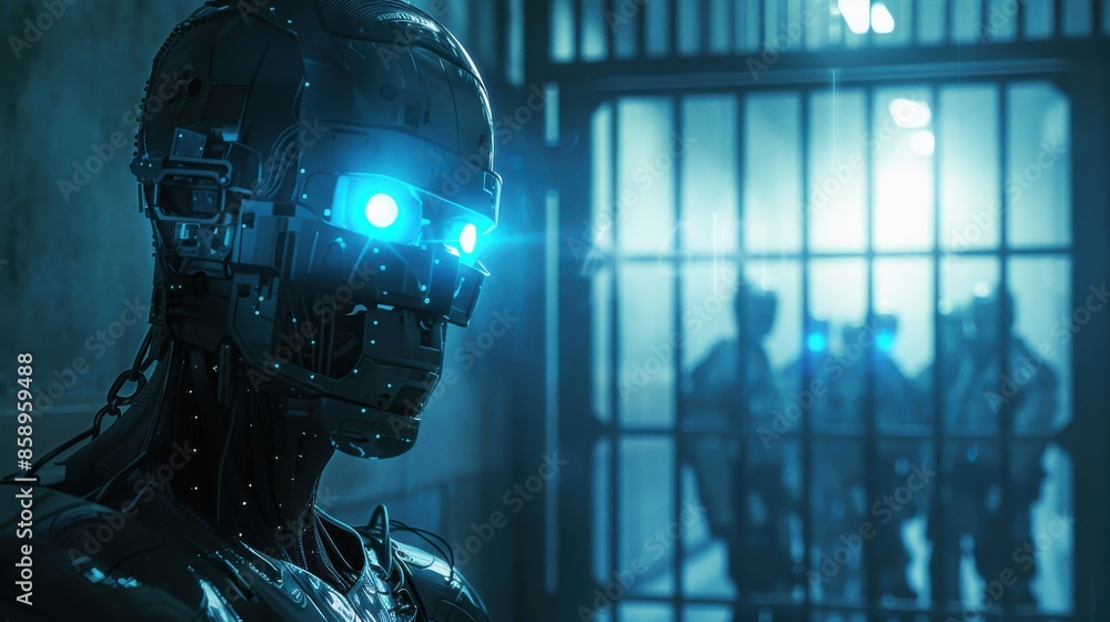 Leinwandbilder a robot with blue eyes stands in front of a cell block. the robot is wearing a mask and has a blue f