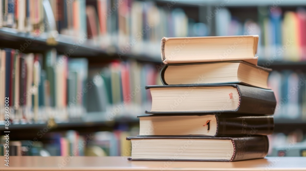 Poster stack of books in a library setting