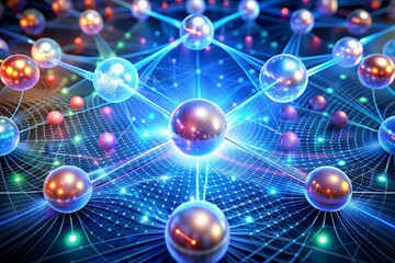 Obraz premium depicting qubits in various states, with glowing spheres or arrows showing superposition