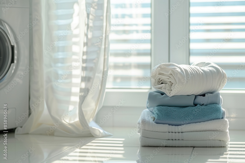 Poster A stack of neatly folded laundry sits on a white surface next to a washing machine, bathed in sunlight streaming through a window. Generative AI