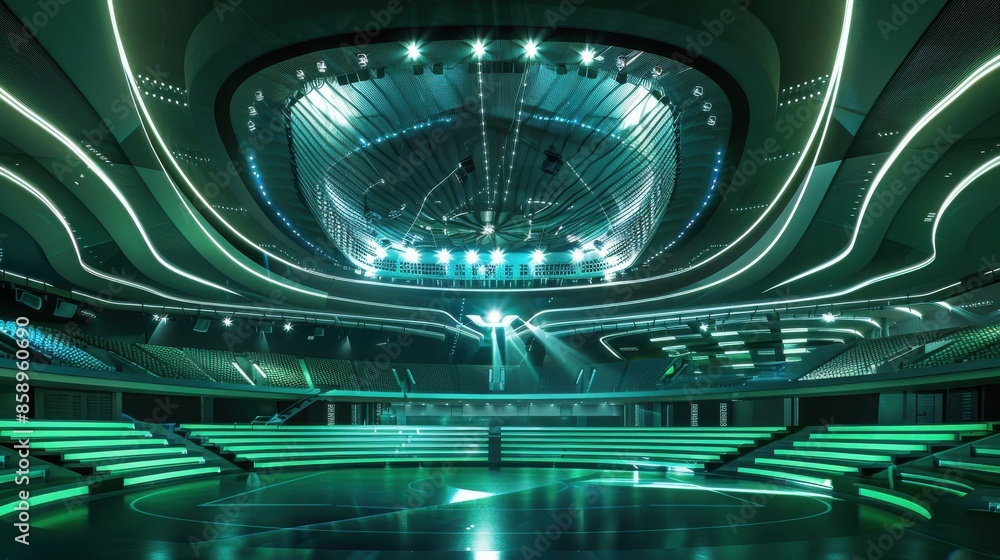 Poster a large stadium with a green color theme. the stadium is empty and has a bright, lively atmosphere