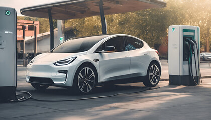 An electric vehicle is being charged at a station