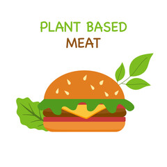 Plant based Meat hamburger with cheese burger and leaves.
