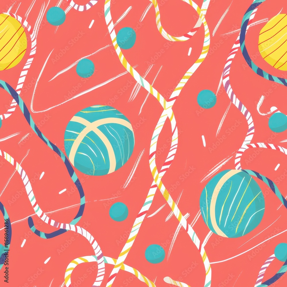 Aufkleber a colorful pattern of yarn and balls on a red background. the yarn is in various colors and the ball
