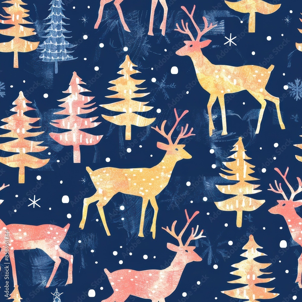 Poster a blue and pink background with a pattern of trees and deer. the deer are in various positions, some
