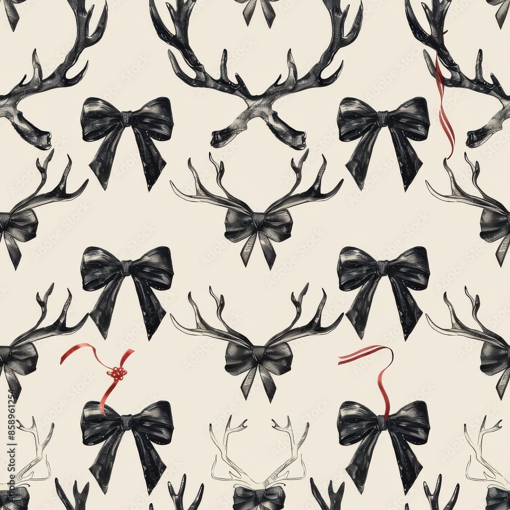 Poster a black and white image of reindeer with bows on their antlers. the bows are red and the reindeer ar