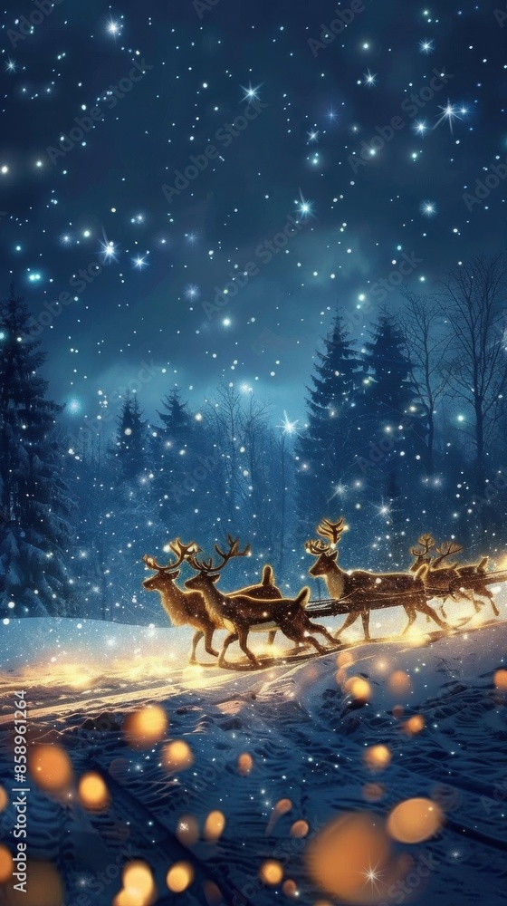 Poster a group of reindeer are riding on a sleigh through the snow. the scene is set in a forest with trees
