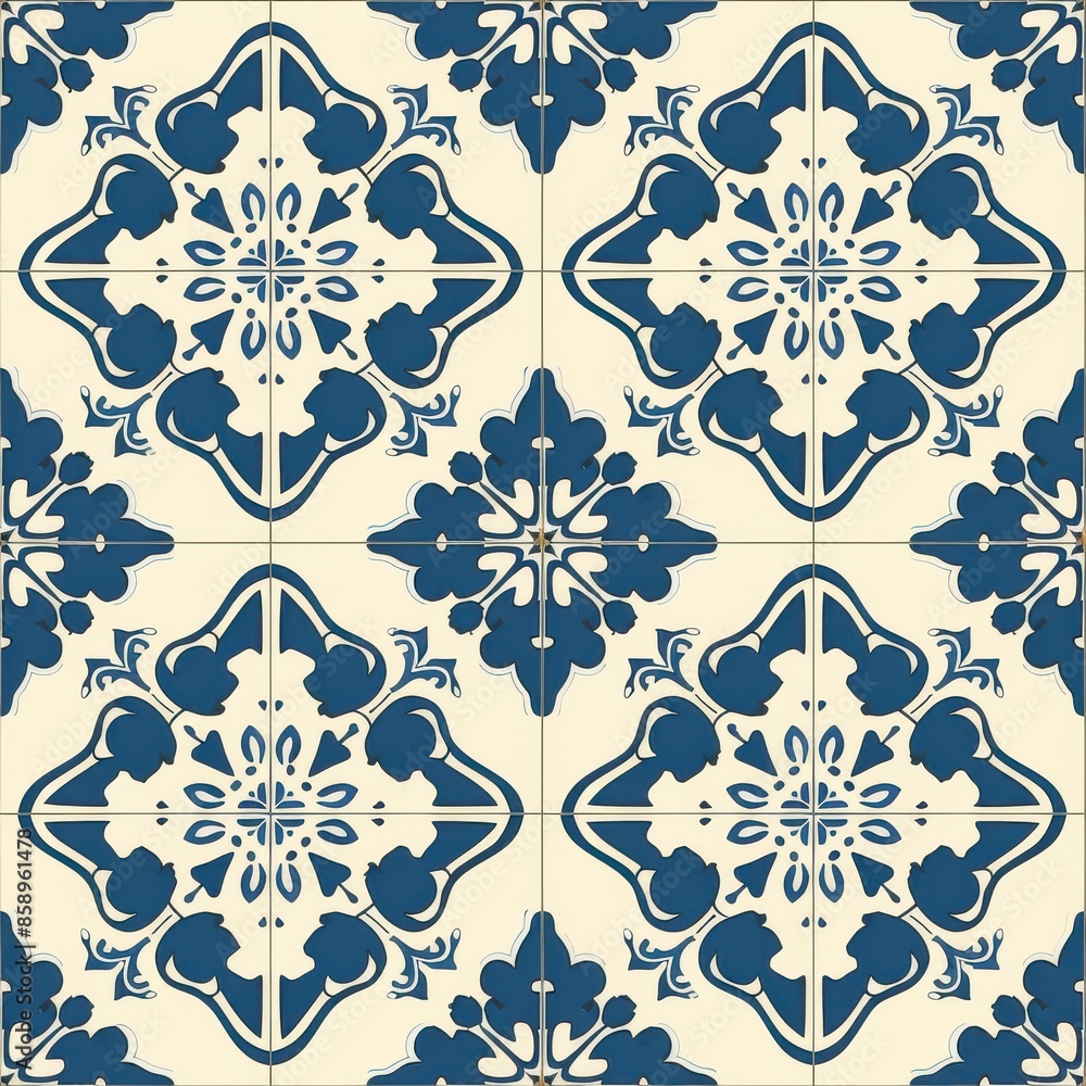 Poster This image features a seamless tile pattern with a repeating design. The pattern consists of blue and white floral motifs on a cream background. The intricate detail of the design adds a touch of eleg