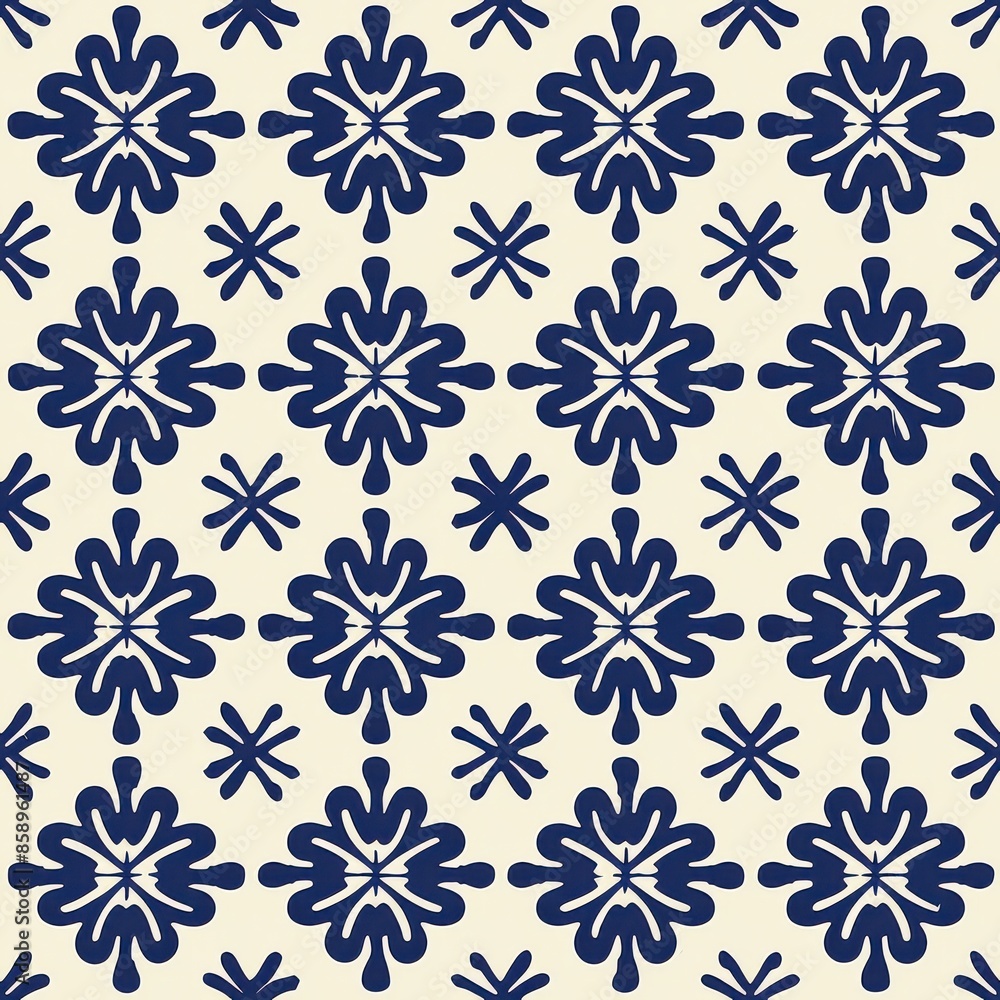 Poster This image shows a seamless pattern featuring a repeating design of blue flowers on a white background. The flower shapes are abstract and stylized, creating a simple yet elegant design. The pattern w