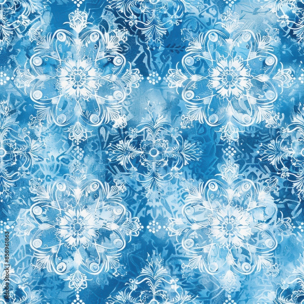 Poster a blue and white floral pattern with snowflakes. the pattern is very intricate and detailed