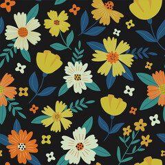 Seamless floral pattern. Randomly arranged white, yellow, orange flowers, blue and green  leaves on a dark background. Botanical texture with modern abstract flowers for fabric, textile, wallpaper.