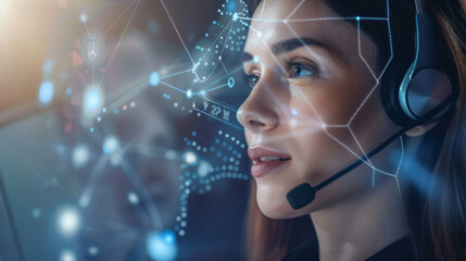 A young woman, wearing a headset, engages in a virtual interface surrounded by abstract data visualizations.