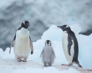 Obraz premium Three penguins standing on a snowy surface
