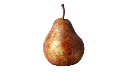Photograph of a single, perfectly ripe pear, its golden brown skin and delicate flesh exuding an autumnal elegance against a transparent background.